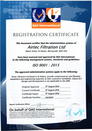 Airtec Filtration Ltd gains ISO9001 2015 August 2015 